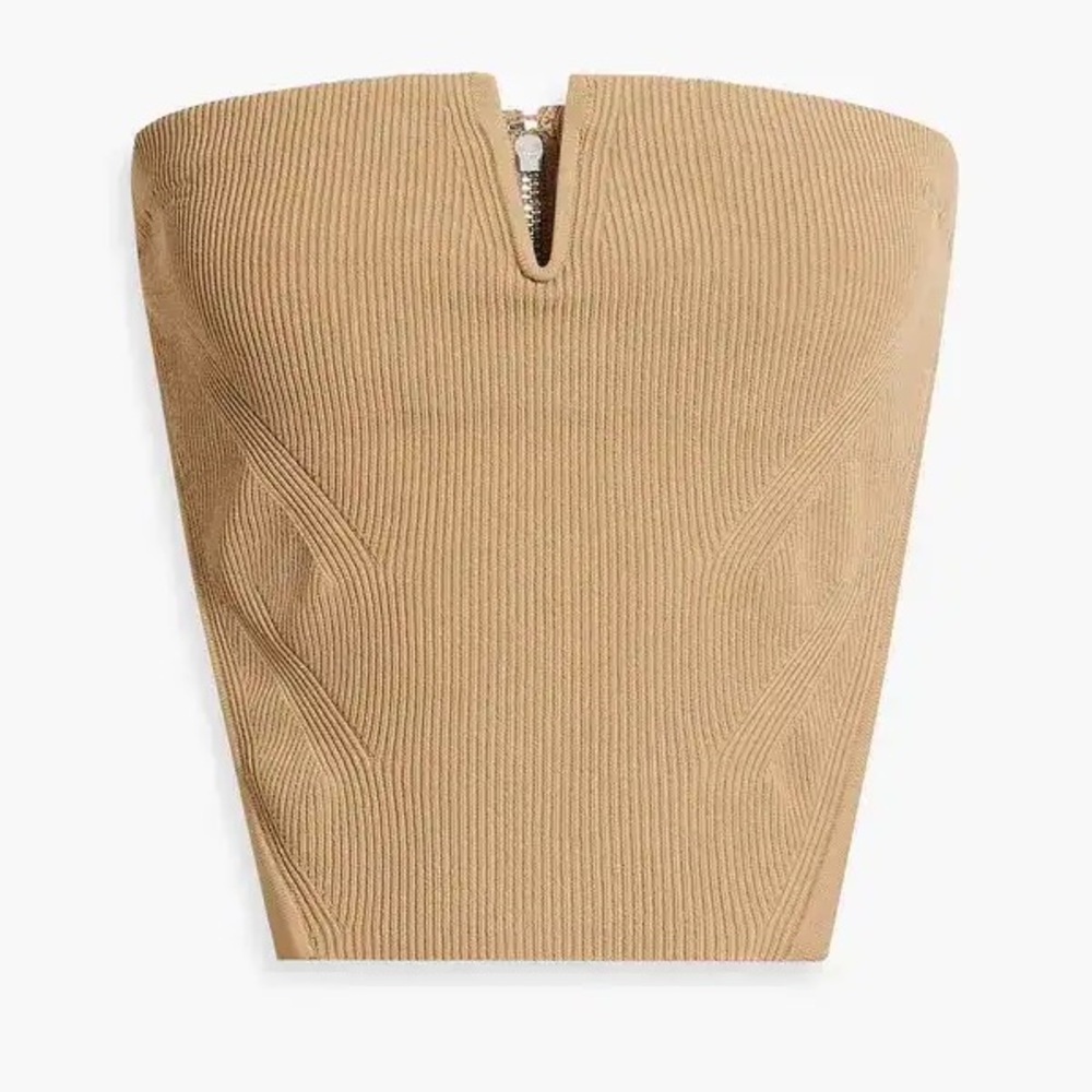 DION LEE TAN STRAPLESS RIBBED KNIT TOP